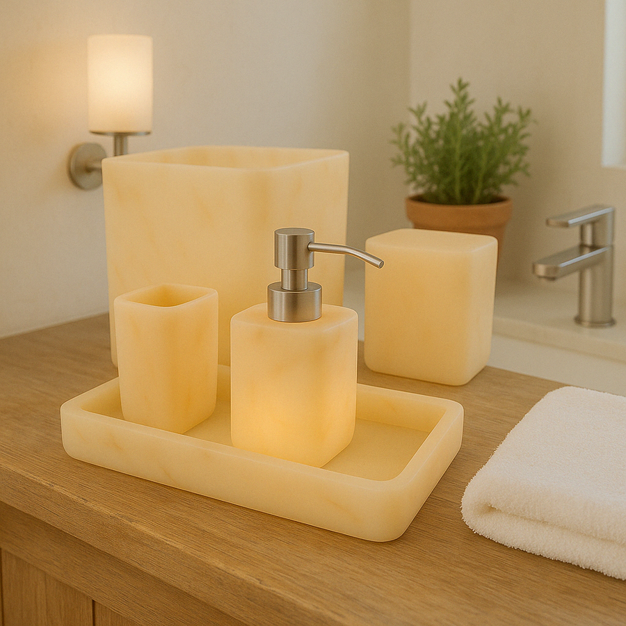 Set de Baño Orgánico Alabastro Beige – 6 Piezas de Resina Artesanal
